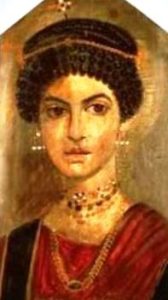 Hairstyle, jewellry and clothes of a wealthy 2nd century AD woman; Fayum coffin portrait