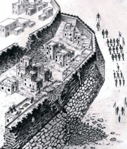 An artist's reconstruction of the fallen walls in biblical-era Jericho