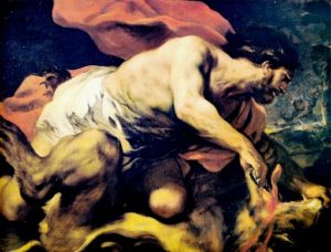 Samson killing the lion, painting by Luca Giordano