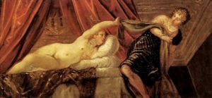 Voluptuous nude woman by Tintoretto, painted in 1555: Joseph and Potiphar's Wife