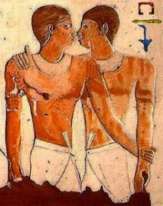 Ancient Egyptian wall painting showing two men embracing