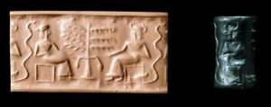 Greenstone cylinder seal from Mesopotamia, with clay imprint of the seal. 
