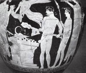 Two youths make a burnt offering to the gods. Greek vase