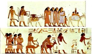 Cartoon of Middle Eastern travellers from the tomb at Beni Hasan, Egypt