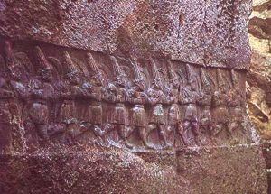 13th century rock carving from Yazilikaya near Boghazkoy in Anatolia depicts warrior-gods 