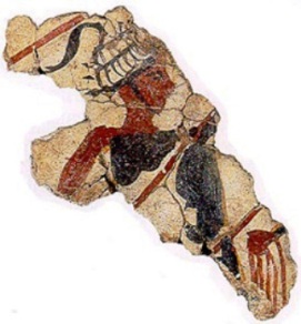 Tasselled boars' tusk helmet on a fresco dated around 1600 BC from Thera island